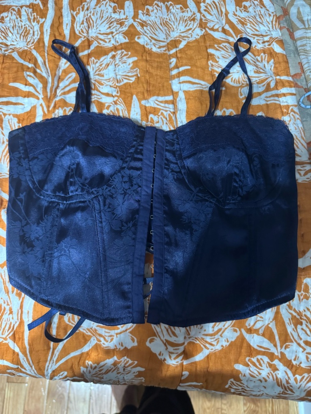 La Hearts Navy Lace Floral Bustier Top with Hook Front